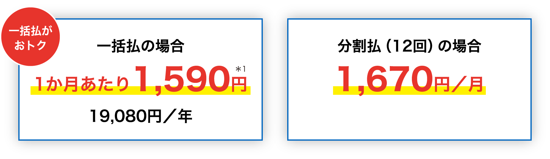 [一括払がおトク] 一括払の場合 1か月あたり1,590円*1 19,080円／年、分割払（12回）の場合 1,670円／月