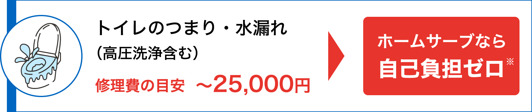 トイレのつまり・水漏れ（高圧洗浄含む）修理費の目安〜25,000円 → ホームサーブなら自己負担ゼロ※